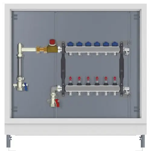 Verteilerstation von Roth, montiert in einem Schrank, mit Wasserzähler-Set. Edelstahlkomponenten und mehrere Anschlussstellen sind sichtbar.